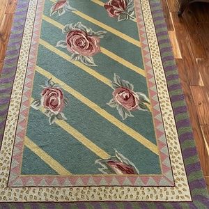 MacKenzie Childs 5 x 8 ft Rug.  Green, pink, yellow, purple, brown and beige.
